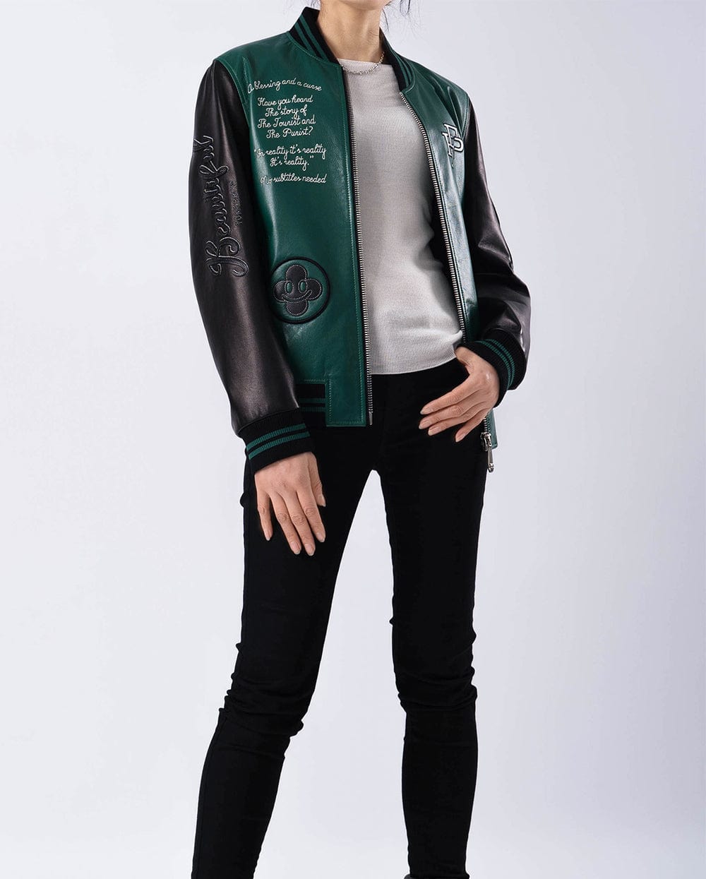Lambskin Splicing Embroidery Leather Letterman Varsity Bomber Jacket