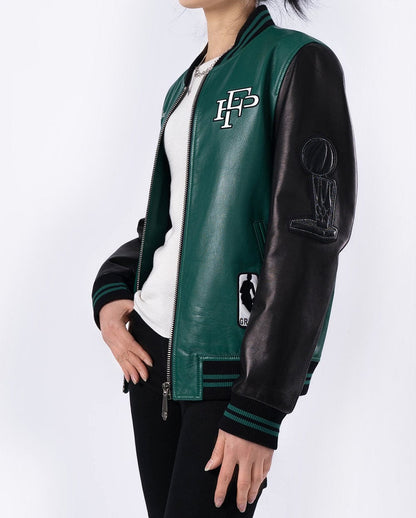 Lambskin Splicing Embroidery Leather Letterman Varsity Bomber Jacket