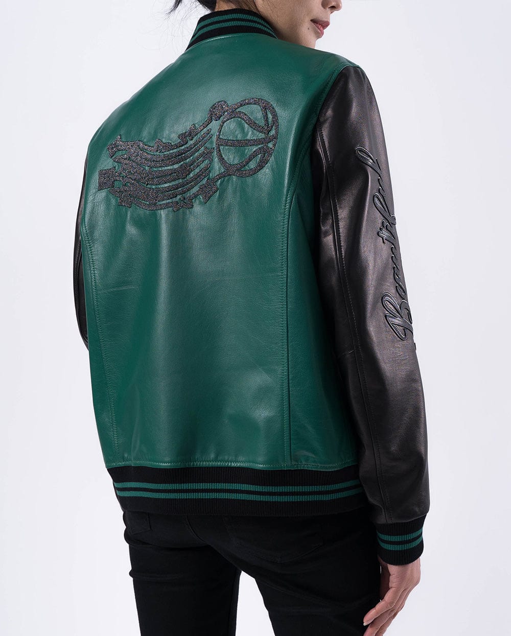 Lambskin Splicing Embroidery Leather Letterman Varsity Bomber Jacket