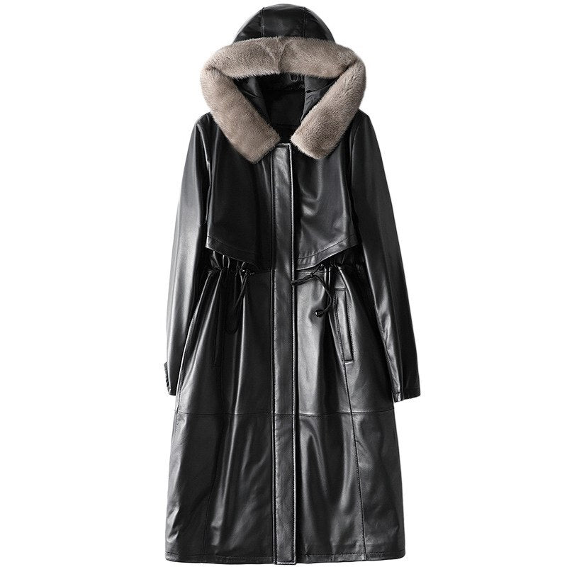 Luxury Sheepskin Leather Suede Coat Duck Down Lingning Mink Fur Hoody