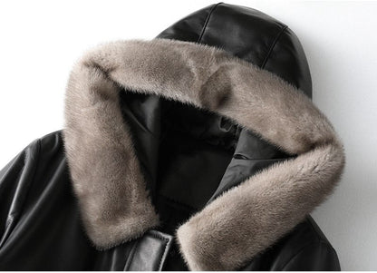 Luxury Sheepskin Leather Suede Coat Duck Down Lingning Mink Fur Hoody