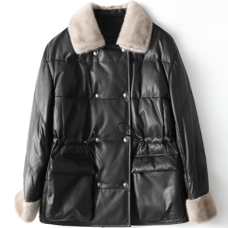New Medium Long Leather Down Winter Mink Wool Collar