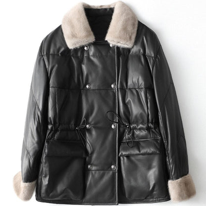 New Medium Long Leather Down Winter Mink Wool Collar