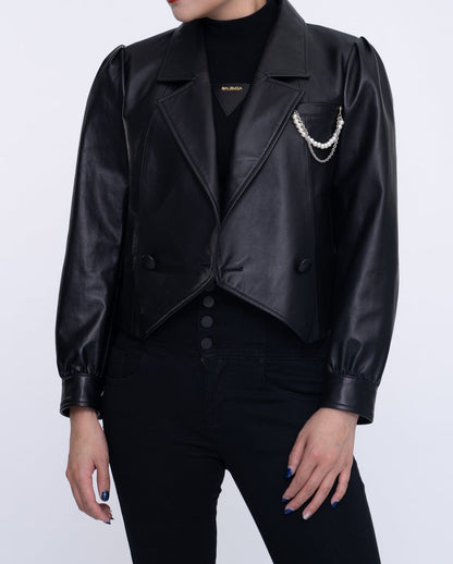 Black One Button Cropped Leather Jacket