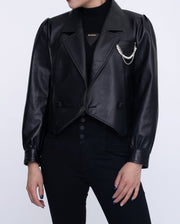 Black One Button Cropped Leather Jacket