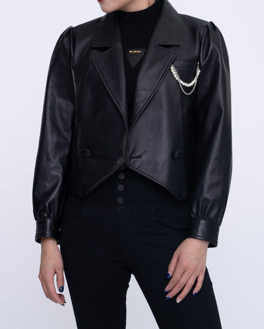 Black One Button Cropped Leather Jacket