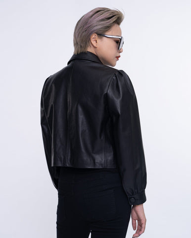 Black One Button Cropped Leather Jacket