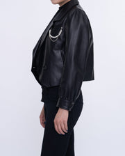 Black One Button Cropped Leather Jacket