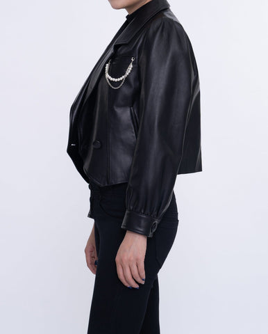 Black One Button Cropped Leather Jacket