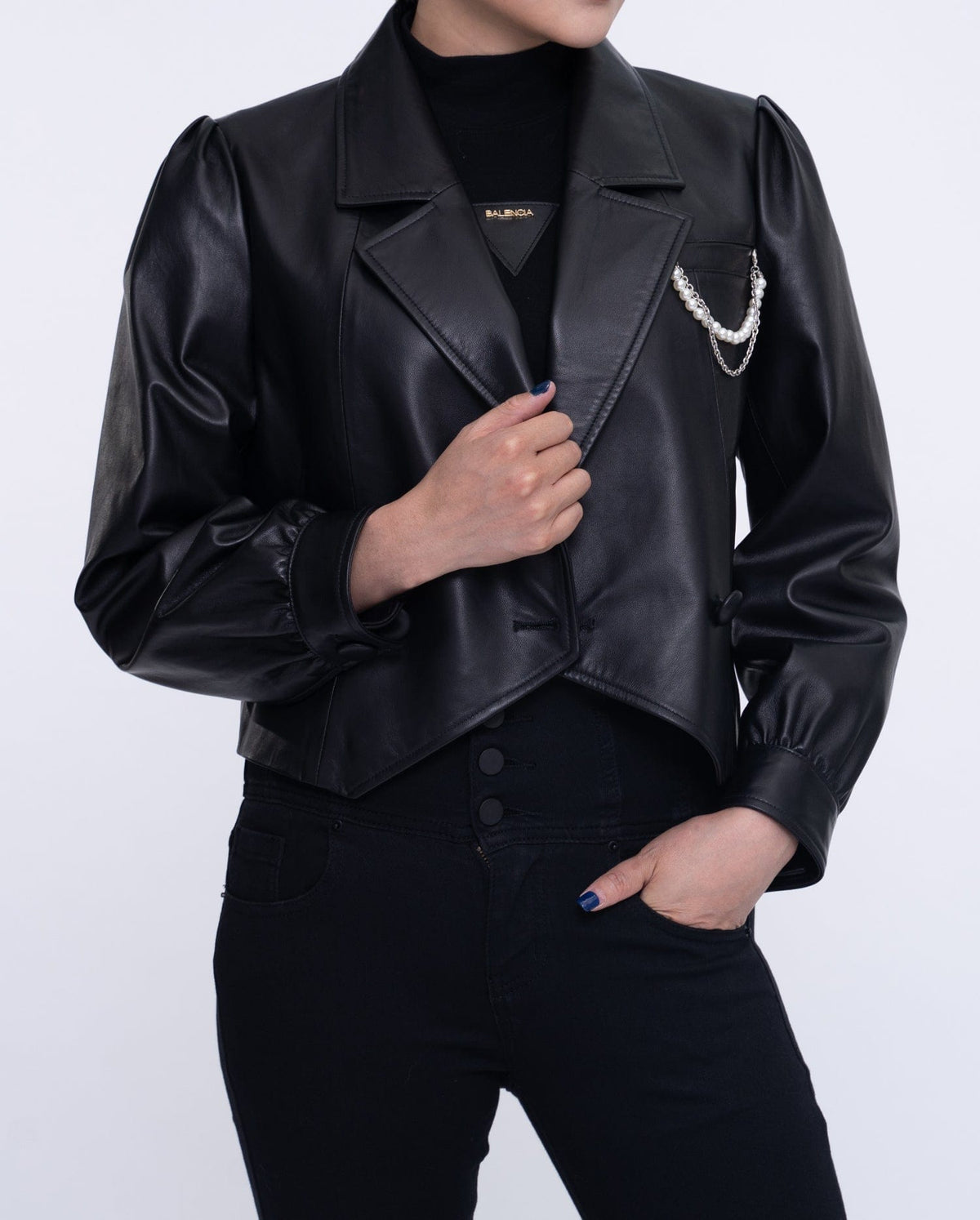 Black One Button Cropped Leather Jacket