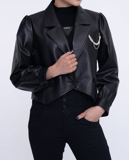 Black One Button Cropped Leather Jacket