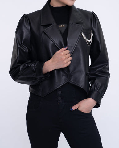 Black One Button Cropped Leather Jacket
