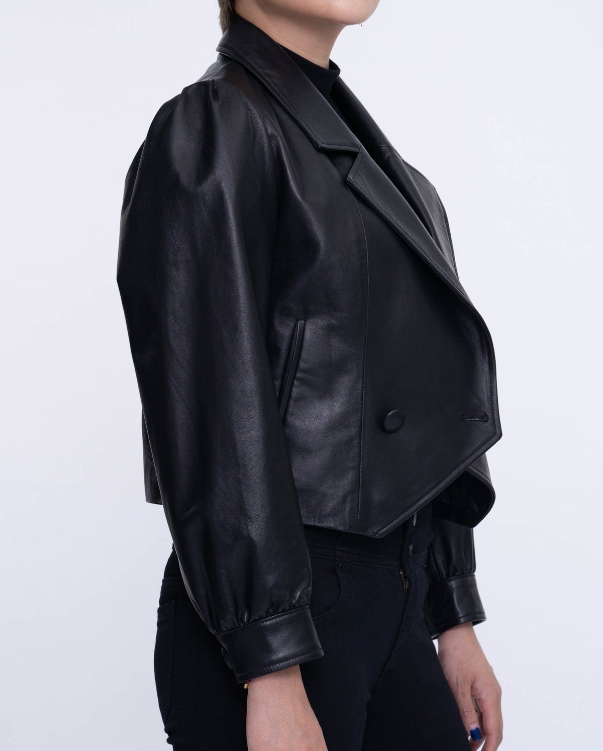 Black One Button Cropped Leather Jacket