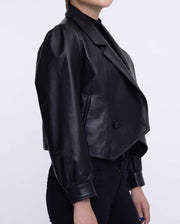Black One Button Cropped Leather Jacket
