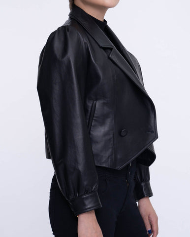 Black One Button Cropped Leather Jacket