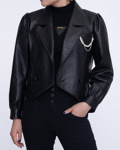 Black One Button Cropped Leather Jacket