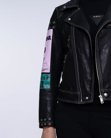Black Patch Distressed Punk Leather Jacket
