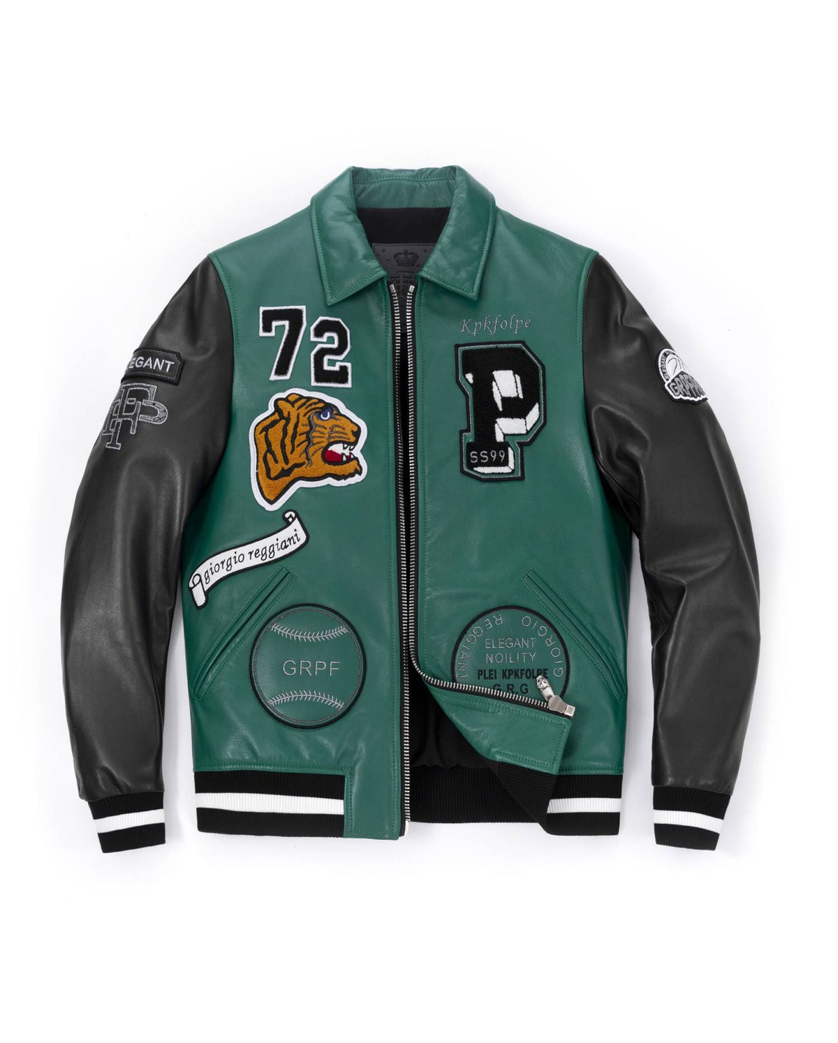 Embroidery Patched Lambskin Leather Bomber Varsity Jacket