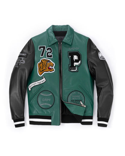 Embroidery Patched Lambskin Leather Bomber Varsity Jacket
