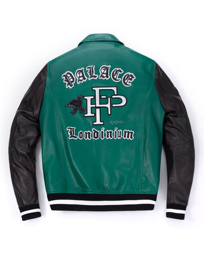 Embroidery Patched Lambskin Leather Bomber Varsity Jacket
