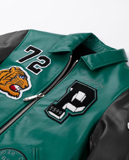 Embroidery Patched Lambskin Leather Bomber Varsity Jacket