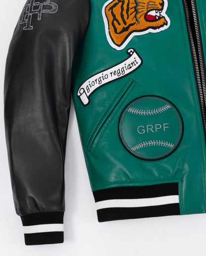 Embroidery Patched Lambskin Leather Bomber Varsity Jacket