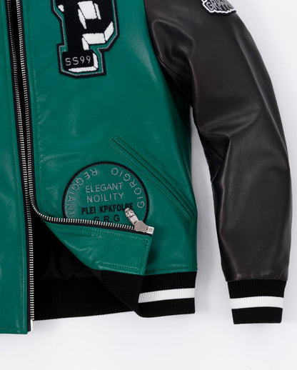 Embroidery Patched Lambskin Leather Bomber Varsity Jacket