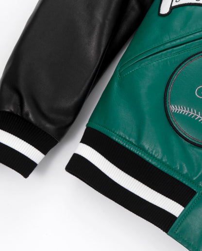 Embroidery Patched Lambskin Leather Bomber Varsity Jacket