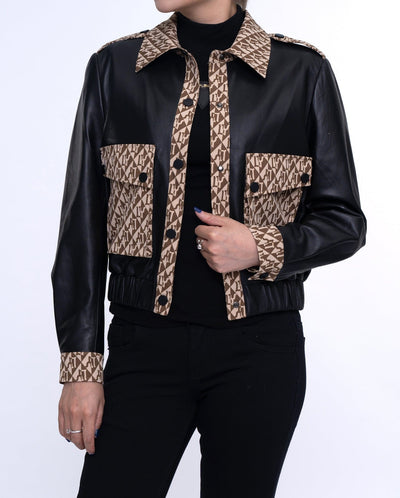 Woman's Black Pattern Designed Leather Bomber Jacket