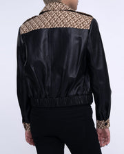 Woman's Black Pattern Designed Leather Bomber Jacket