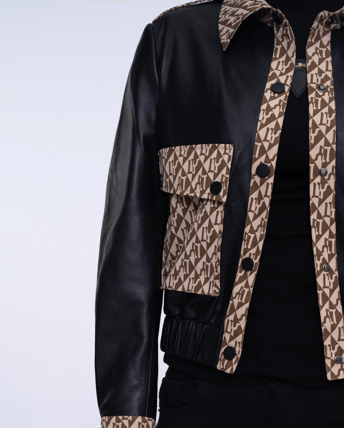 Woman's Black Pattern Designed Leather Bomber Jacket