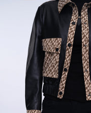 Woman's Black Pattern Designed Leather Bomber Jacket