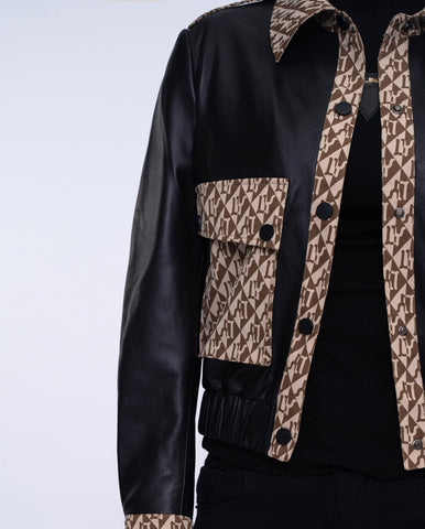Woman's Black Pattern Designed Leather Bomber Jacket