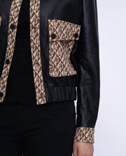 Woman's Black Pattern Designed Leather Bomber Jacket