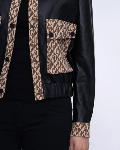 Woman's Black Pattern Designed Leather Bomber Jacket