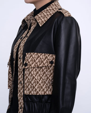Woman's Black Pattern Designed Leather Bomber Jacket