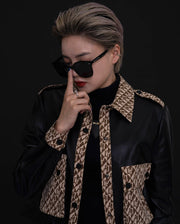 Woman's Black Pattern Designed Leather Bomber Jacket