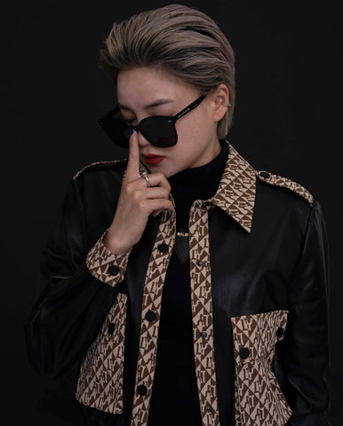 Woman's Black Pattern Designed Leather Bomber Jacket