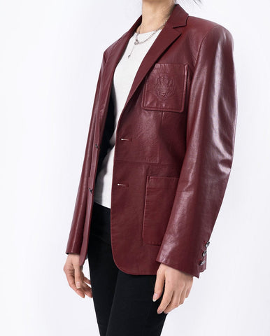 Red Pattern Patched Two Button Goatskin Leather Blazer Coat