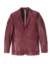 Red Pattern Patched Two Button Goatskin Leather Blazer Coat