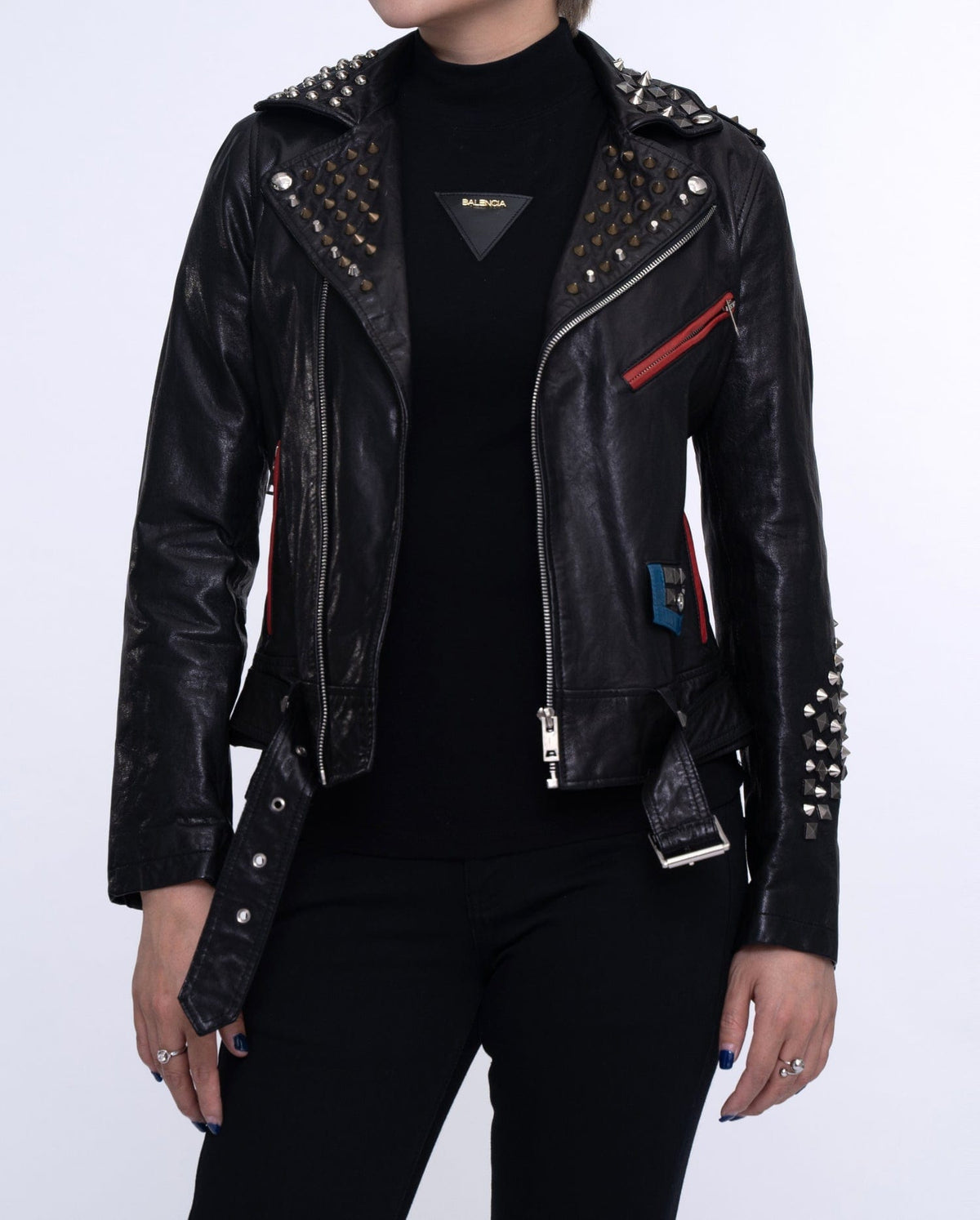 Women Black Rivet Belted Punk Leather Jacket