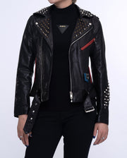 Women Black Rivet Belted Punk Leather Jacket