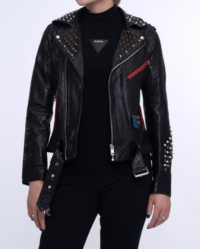 Women Black Rivet Belted Punk Leather Jacket
