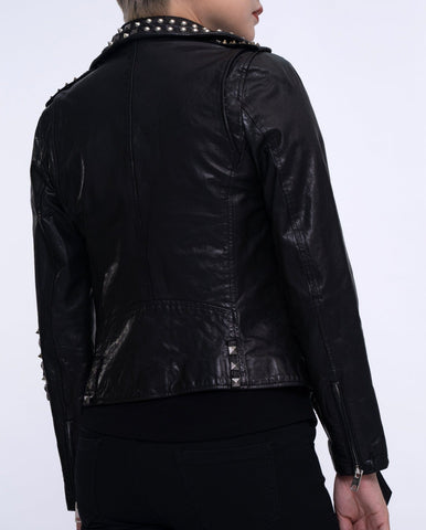 Women Black Rivet Belted Punk Leather Jacket