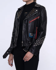 Women Black Rivet Belted Punk Leather Jacket