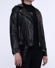 Women Black Rivet Belted Punk Leather Jacket