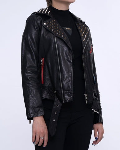 Women Black Rivet Belted Punk Leather Jacket
