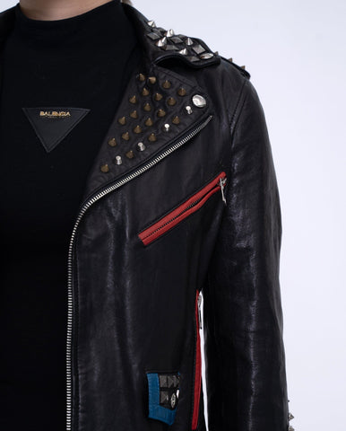 Women Black Rivet Belted Punk Leather Jacket