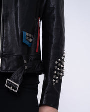 Women Black Rivet Belted Punk Leather Jacket