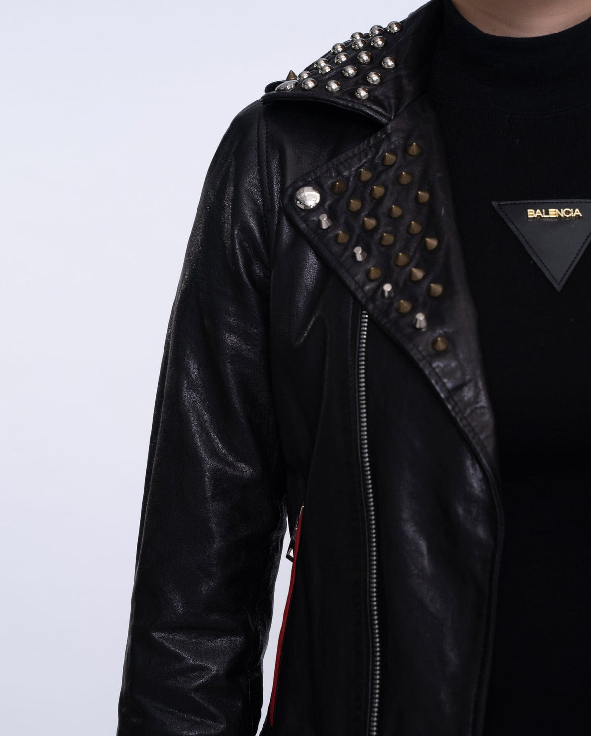 Women Black Rivet Belted Punk Leather Jacket